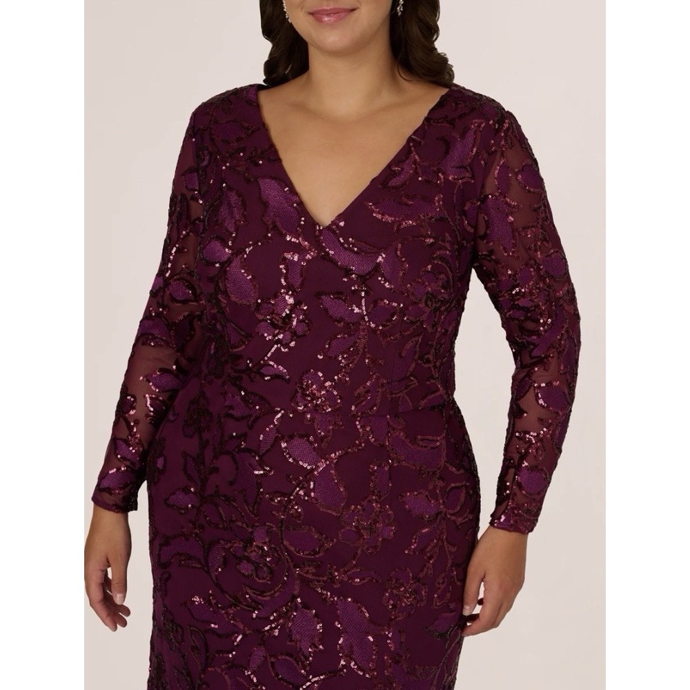 Adrianna Papell Plus Size Long Sleeve Stretch Sequin Mermaid Gown In Cassis - Picture 13 of 14